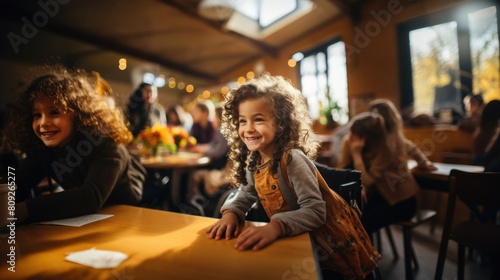 Joyful Young Girls Smiling Together in a Sunny Cafe Setting