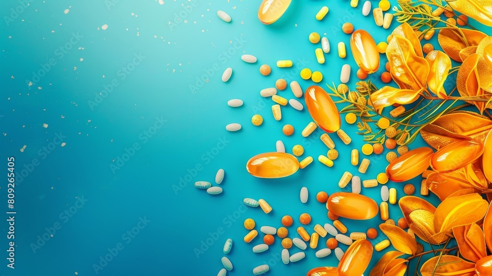 A blue background with a bunch of pills and vitamins scattered around it. The pills are of different colors and sizes, and the vitamins are orange. Concept of health and wellness A blue background with a bunch of pills and vitamins scattered around it. The pills are of different colors and sizes, and the vitamins are orange. Concept of health and wellness
