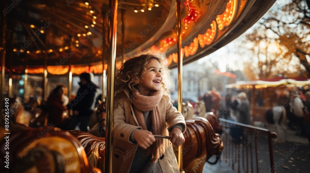 Joyful Young Girl Enjoying a Ride on a Vibrant Carousel at an Amusement Park