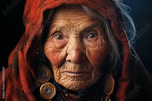 The contemplative and wise gaze of an elderly indigenous woman wearing traditional cultural attire. Wrinkled face