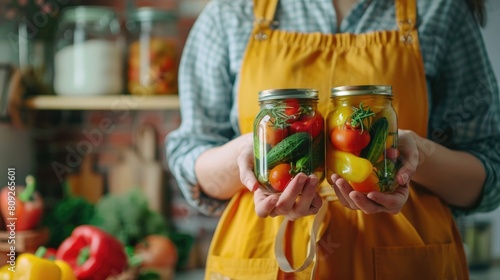 a woman holds vegetables in jars. selective focus