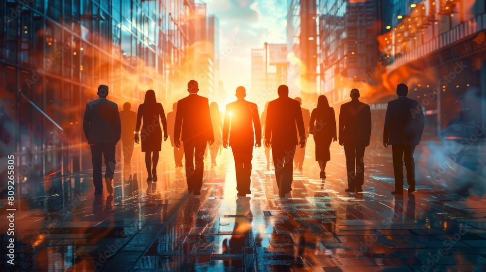 Obraz premium Silhouetted figures of businesspeople walking towards a brightly lit cityscape, giving a feeling of purpose and new beginnings