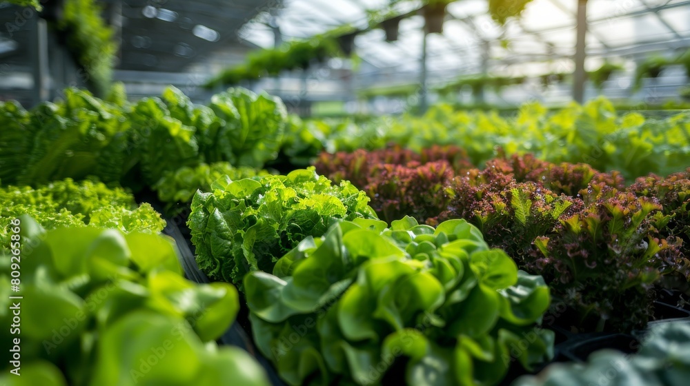 Close up of lush green lettuce varieties growing in a sustainable greenhouse, highlighting agriculture and health Close up of lush green lettuce varieties growing in a sustainable greenhouse, highlighting agriculture and health