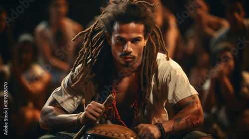 Focused Afro-Brazilian Percussionist Performs in Cultural Ensemble