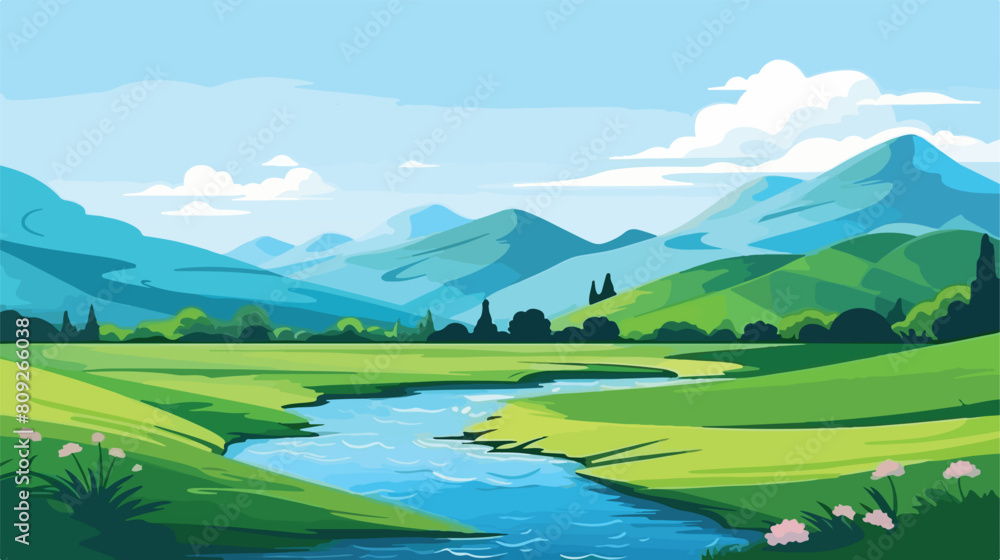 River green landscape with mountains and hill count