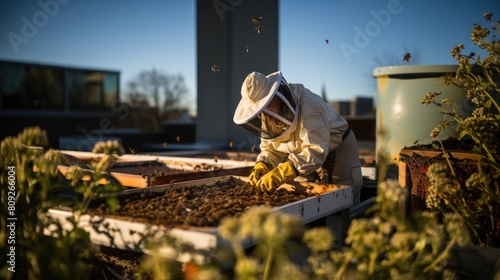 Urban Beekeeper on Rooftop Tending to Beehives during Golden Hour