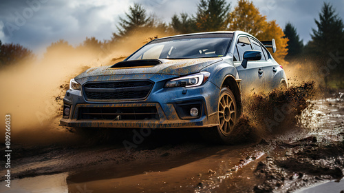 Intense Rally Racing Scene with Blue Sports Car Splashing Mud in Forest