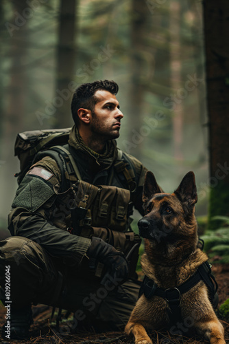 Military man with German shepherd sitting in forest