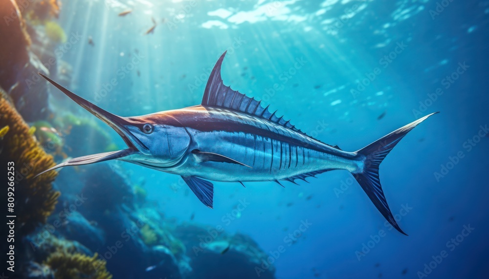 Naklejka premium Giant Marlin fish in the ocean, beautiful view of marlin fish in the blue ocean