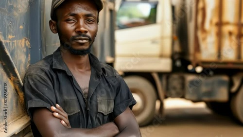 Man in black shirt and hat stands in front of truck