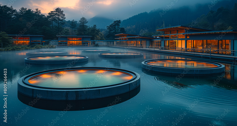 The hot spring pools in the morning. The most unique aquaculture centre with aquaculture tanks