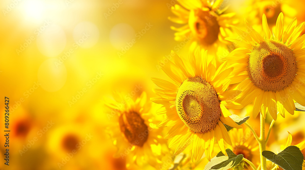 Fototapeta premium Sunny yellow background with sunflowers, copy space. Sunshine bright art design in warm color.