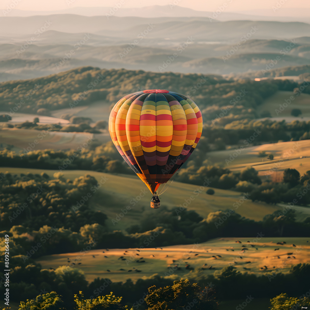 Fototapeta premium Colorful Hot Air Balloon with blurry background in aerial view.