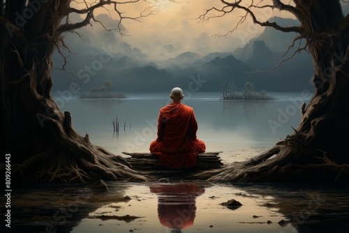 Peaceful Monk sitting lake. Holy reflection. Generate Ai photo