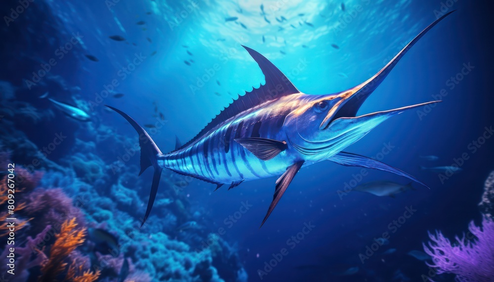 Giant Marlin fish in the ocean, beautiful view of marlin fish in the blue ocean Giant Marlin fish in the ocean, beautiful view of marlin fish in the blue ocean