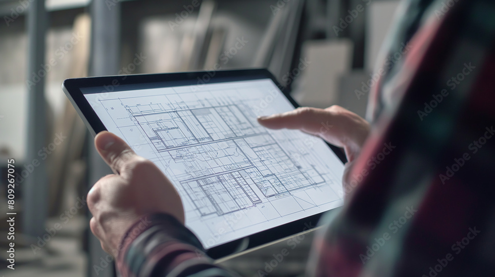 custom made wallpaper toronto digitalA dynamic shot of an engineer using a tablet to review architectural plans from waist height, integrating digital tools in design processes.