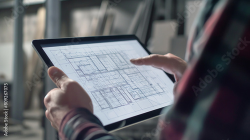 A dynamic shot of an engineer using a tablet to review architectural plans from waist height, integrating digital tools in design processes.