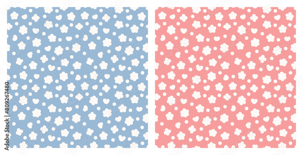Pink and Blue Dots Patterns Vector Set. Seamless Baby Backgrounds with Clouds, Flowers, Hearts and Dots. Childish Print. Vector illustration. Pink and Blue Dots Patterns Vector Set. Seamless Baby Backgrounds with Clouds, Flowers, Hearts and Dots. Childish Print. Vector illustration.