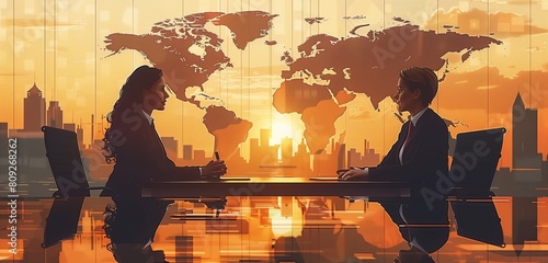 a diplomat female negotiating at an international meeting, 2d, flat, illustration, solid color.
