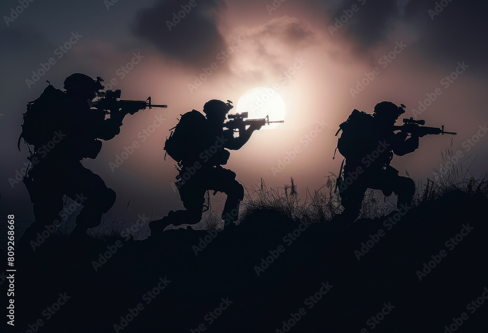 Black silhouettes of three soldiers in the attack Black silhouettes of three soldiers in the attack