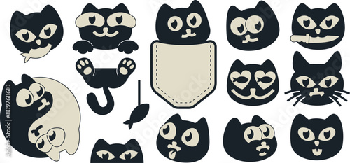 Cute black cat stickers. Yin and yang cats, pocket kitten and feline with fish snack illustrations for prints