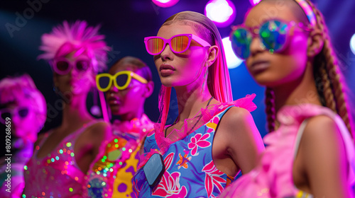 Dynamic Fashion Parade Featuring Models in Trendy Neon Outfits