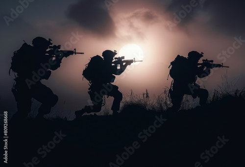Black silhouettes of three soldiers in the attack