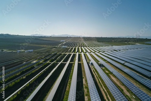 A large field of solar panels is shown from above