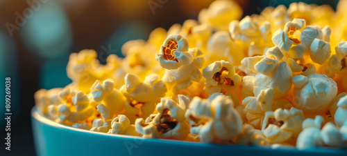 Fresh yellow popcorn in a blue bowl on a blurred background photo