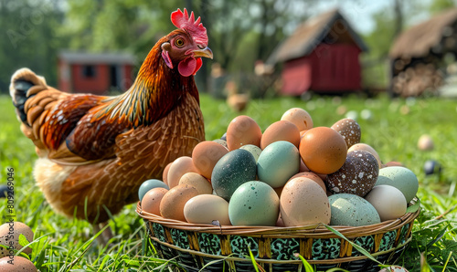 Hen and basket of eggs in the grass. A basket full of eggs on the grass