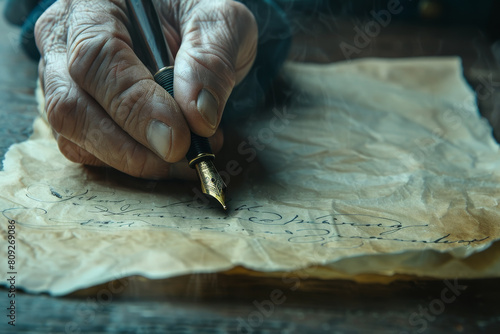 A hand is writing on a piece of paper with a fountain pen