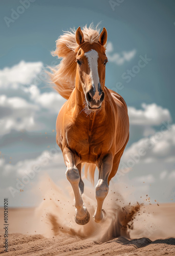 Beautiful palomino horse runs gallop on sand in the dust on sky background