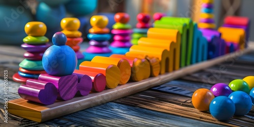 Montessori Wooden Toys: Enhancing Children's Cognitive Development and Learning Through Play. Concept Montessori education, Wooden toys, Child development, Play-based learning, Cognitive skills photo