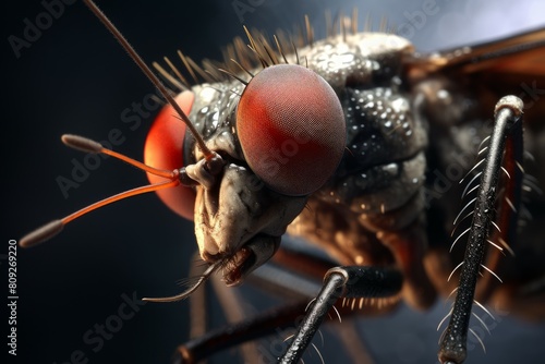 High-detailed macro photography capturing a housefly with focus on its compound eyes © juliars