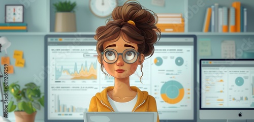 a meteorologist female analyzing weather patterns, 2d, flat, illustration, solid color. photo