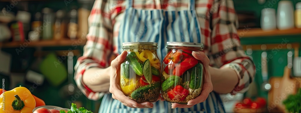 a woman holds vegetables in jars. selective focus