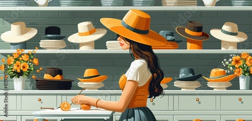 a milliner female designing fashionable hats, 2d, flat, illustration, solid color. photo