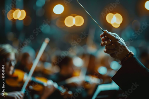 A conductor is holding a baton in front of a group of musicians
