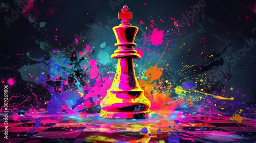 Vibrant neon colored king chess piece with dynamic paint splashes on a chessboard