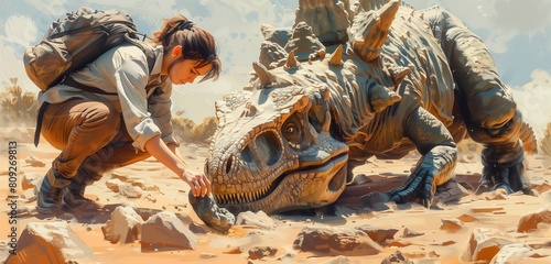 a paleontologist female uncovering dinosaur fossils, 2d, flat, illustration, solid color. photo