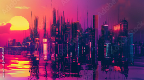 Reflections of a Futuristic City at Sunset with Waterfront photo