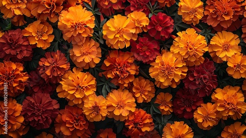 A close up of a bunch of orange and red flowers. The flowers are in a field and are in full bloom photo