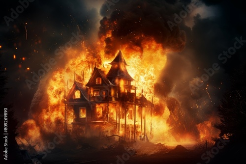 Dramatic image of a house fully ablaze with intense flames at night