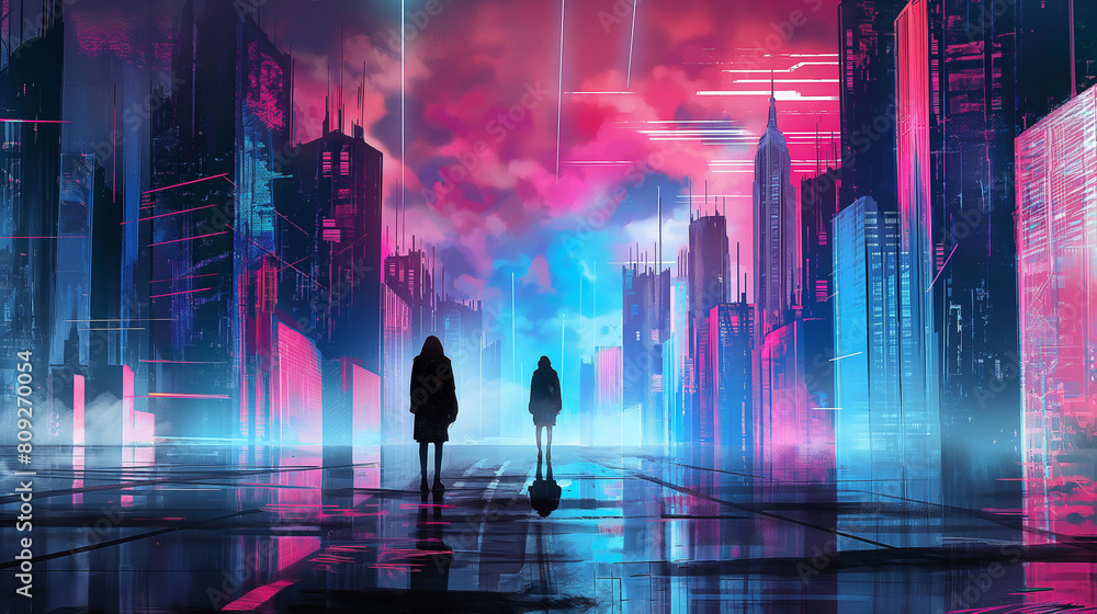 Surreal Urban Landscape at Dusk with Glowing Neon Lights Surreal Urban Landscape at Dusk with Glowing Neon Lights