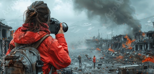 a photojournalist female capturing war zones, 2d, flat, illustration, solid color.