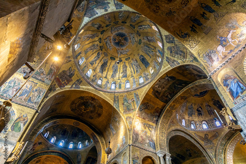 Golden ceiling with holy figures and paintings in Saint Mark's Basilica; Venice, Italy