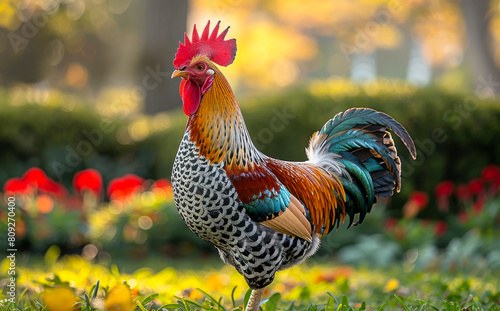 Rooster or rooster crowing in the morning on the grass