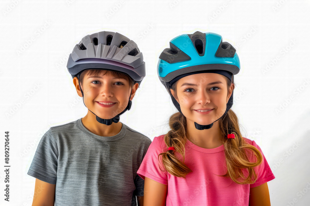 Couple of kids wearing helmets on top of white wall with white background. Couple of kids wearing helmets on top of white wall with white background.