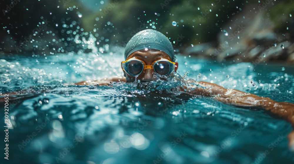 swimmer in action, captured mid-stroke in a serene pool surrounded by lush greenery