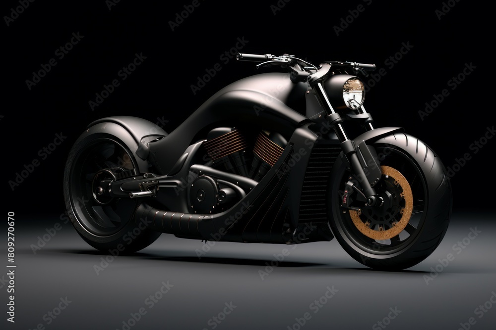 High-resolution image showcasing a stylish black motorcycle with a contemporary design, isolated on a dark backdrop